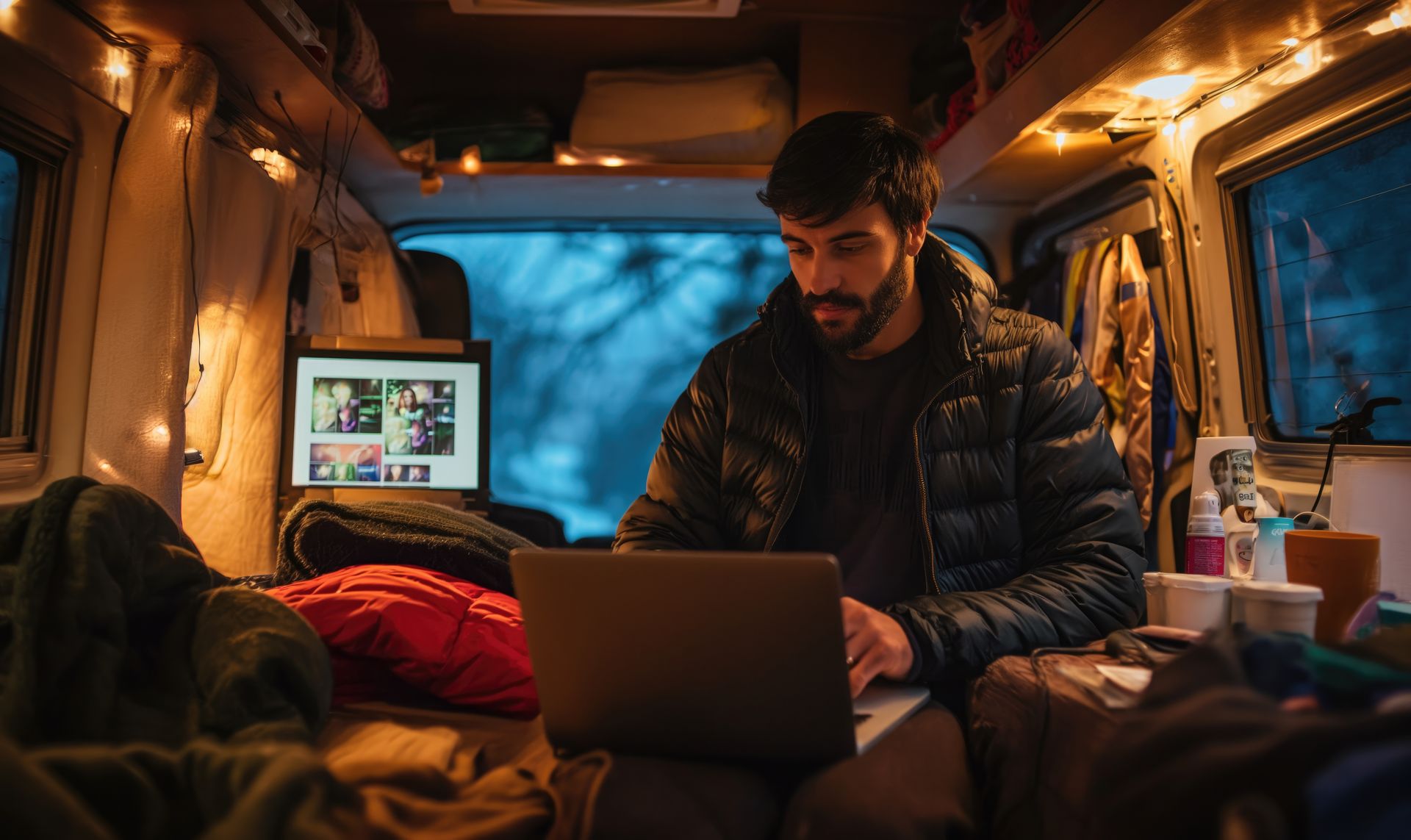 a man watching movies in his van a man watching movies in his van